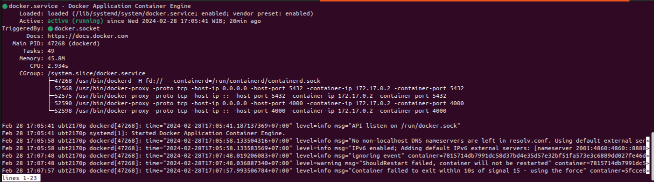 docker service status is running